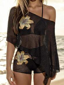 Sirith 2026 New Women's Black Summer Bohemian Exquisite Hollow-Out Semi-Sheer Mesh Open Shoulder Printed Beach 2 Pieces Cover-Up Set - Black - View 4