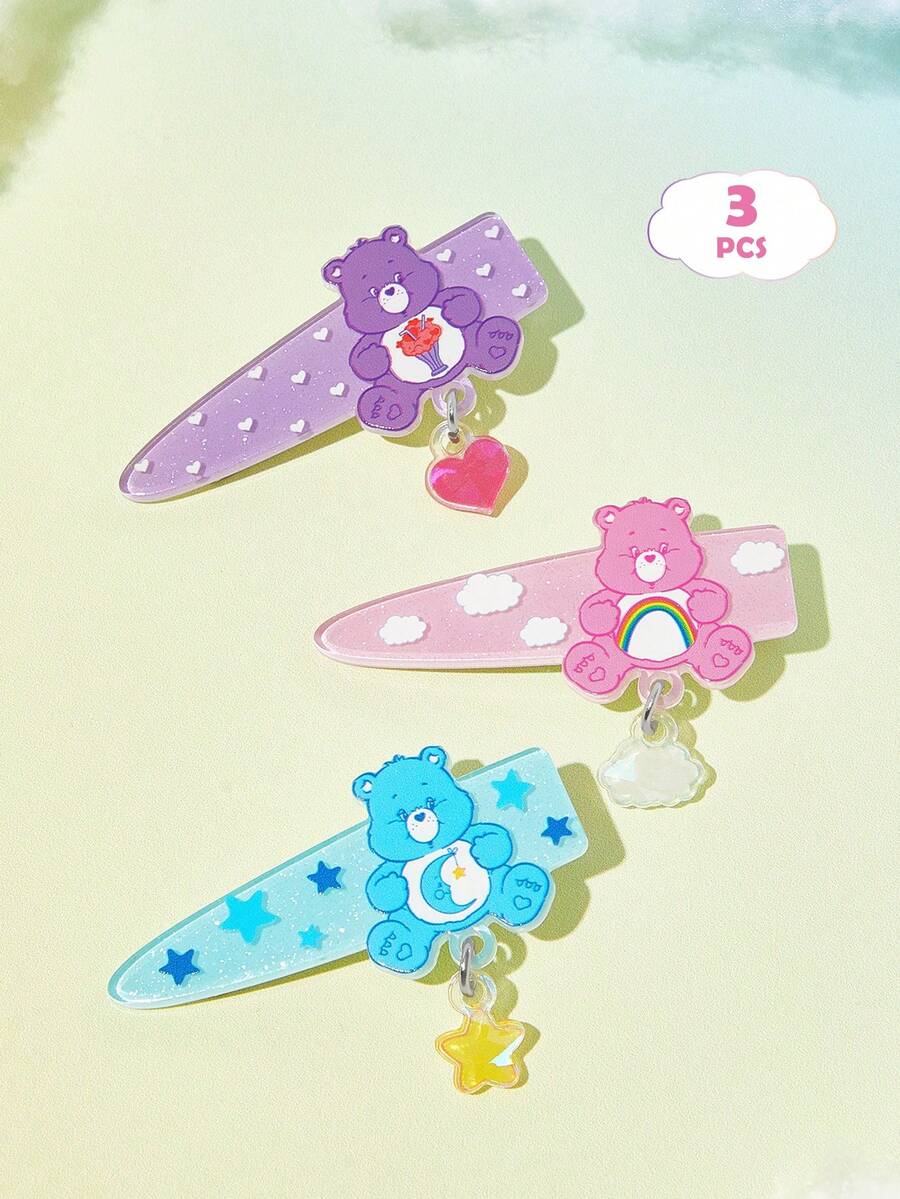 SHEIN X Care Bears 3件組可愛卡通圖案髮夾,禮物,髮飾 - 彩色 - 查看 1