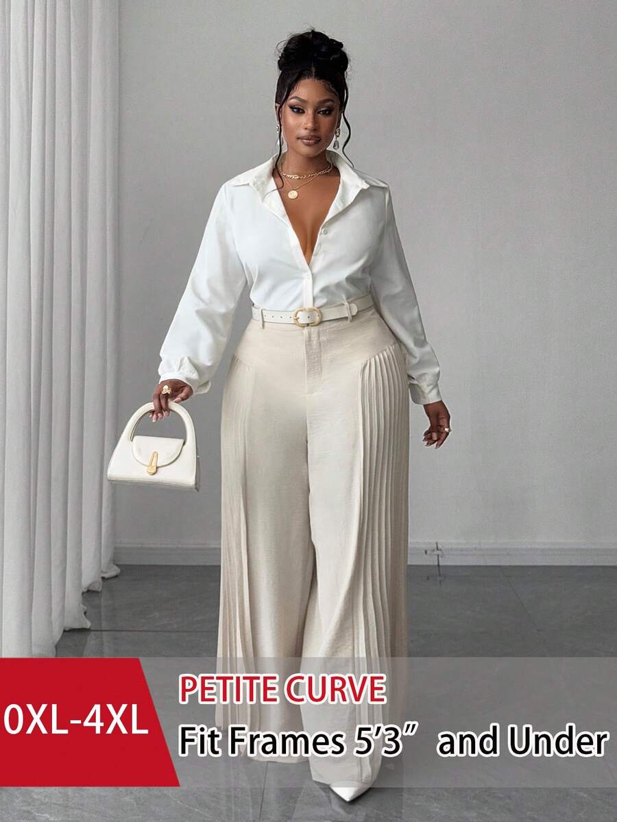 SHEIN PETITE CURVE 大码和小码女式休闲褶皱拼布纹理面料宽松裤,适合工作、办公室和日常穿着,春夏秋冬 - 杏色 - 查看 1