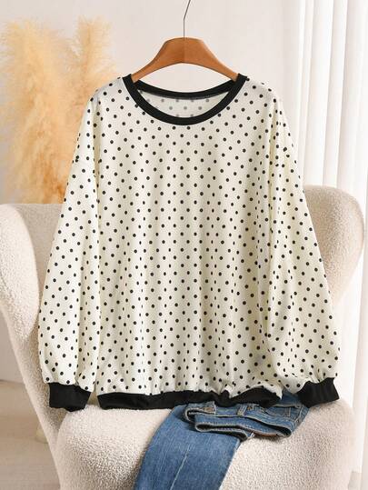 CosyJoli Plus Size Women Polka Dot Sweatshirt, INS Style Fashion Streetwear, Autumn Outdoor Clothing
