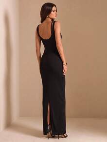 SHEIN BAE Spring/Summer Black Double Strap 2 In 1 Lace Trim Ribbed Fitted Bodycon Maxi Dress, Sexy Hot Girl Style For Dating And Daily Wear - Black - View 2