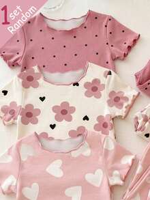 SHEIN [1 Set Acak] Piyama Bayi Perempuan, Motif Polkadot, Bunga, dan Kombinasi Motif Hati yang Lucu dan Manis, Desain Ruffle, Atasan Lengan Pendek Leher Bulat Dipadukan dengan Celana Panjang, Set Pakaian Rumah 2 Potong - MultiWarna - View 3