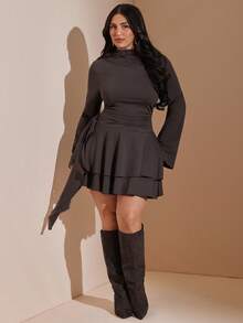 SHEIN BAE CURVE Plus Size Women's Brown Ruffle Elegant Dress,Autumn/Winter Solid Color Long Sleeve Women's Layering Mini Dress With Ruffle Hem, Built-In Chest Pads - Brown - View 4