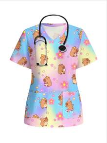 PopScrub Casual Minimalist Scrub Scrub Uniform Top With Capybara Print Pattern, Cute Style, Suitable For Work Commute And Pet Hospital - Multicolor - View 6
