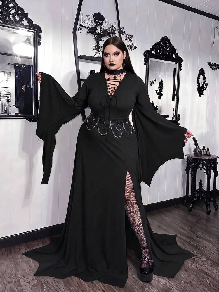 SHEIN CURVE+ Plus Size Lace Patchwork Asymmetrical Hem Black Dress, Halloween Plus Size Women Black Dress Fall - Black - View 7