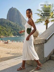 CAJUNI Vestido de vacaciones para mujer con bordado, calado, plisado, cuello halter y lazo en la cintura - Crema - Ver 9