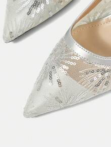 CUCCOO HITCHD Ladies Spring And Summer New Silver Fairy Mesh Sequins Pointed High Heels Shoes Slingback Buckle Design Gentle Style Dating High Heels Fall Shoes - Silver - View 6