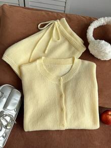 Comfortcana Plus Size Solid Color Cardigan Knitted Shorts Set Office Formal Formal Soft Soft Yellow Autumn Normal Traditional Normal Traditional Winter - Yellow - View 6