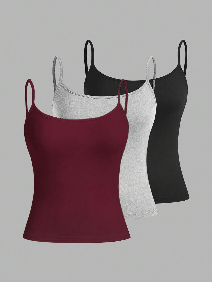 SHEIN EZwear 3件裝休閒極簡細肩帶修身女款背心上衣,適合夏季 - 彩色 - 查看 1