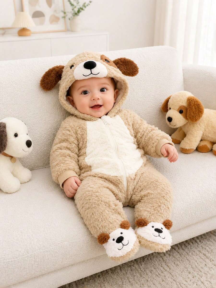 SHEIN Newborn Cute Plush 3D Puppy Hooded Long Sleeve Jumpsuit With Feet - Khaki - View 1