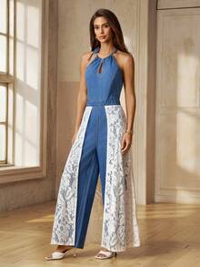 Selenza Mono de mujer casual de pierna recta con encaje y denim - Azul lavado medio - Ver 4