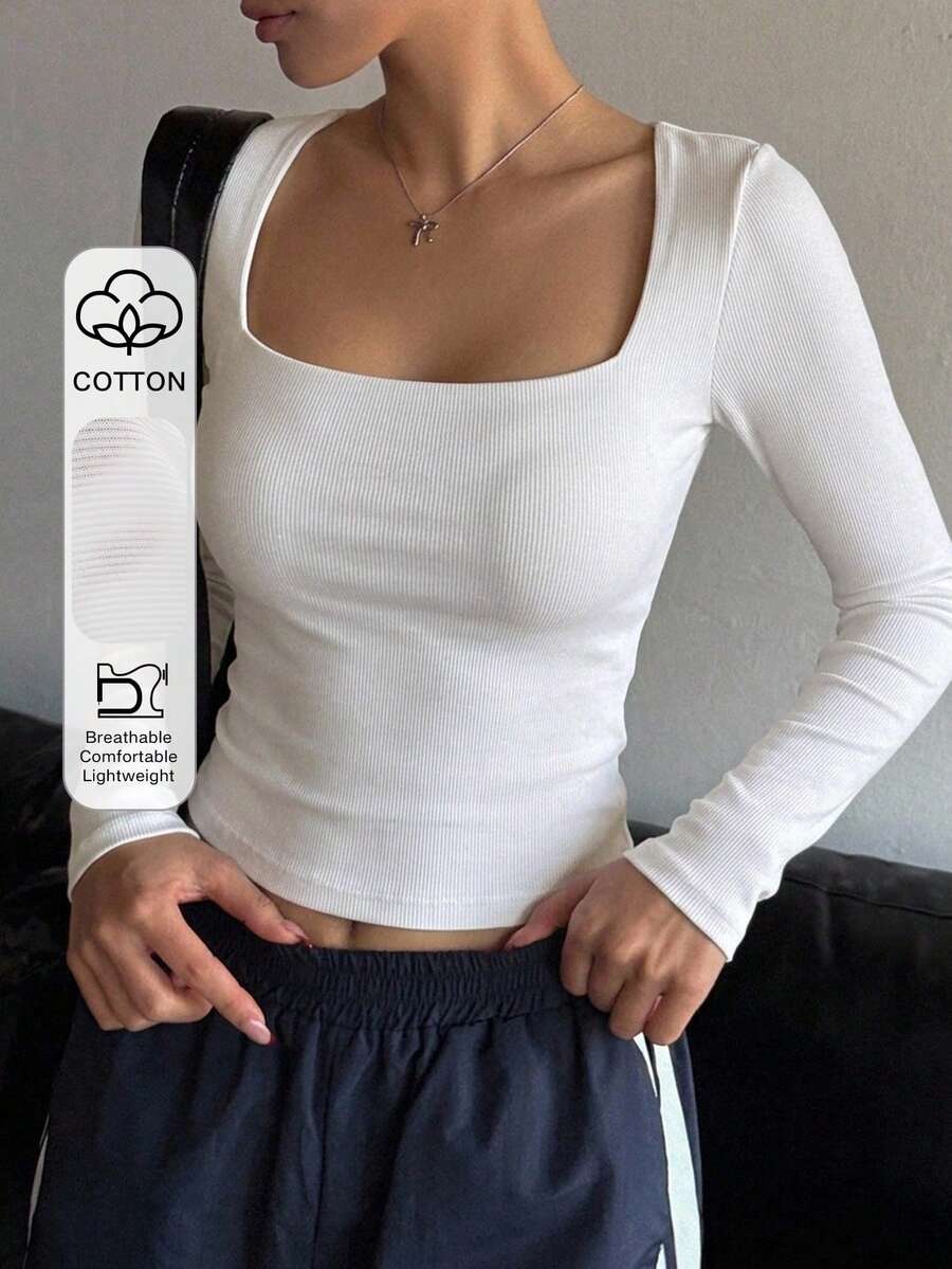 DAZY 女款方領短袖修身T恤 - 白色 - 查看 1