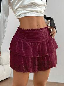 SHEIN Unity Women's Lace Ruffle Hem Ruched Skirt - Burgundy - View 5