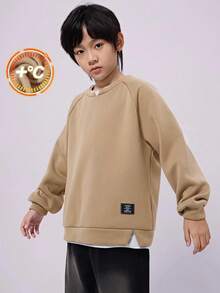 SHEIN Kids Tween Boy Casual Daily Versatile Comfortable Patchwork Contrast Color 2 In 1 Crew Neck Loose Pullover Long Sleeve Knit Sweatshirt Suitable For Commuting School Daily Casual Vacation Travel Sports Autumn Winter - Khaki - View 2