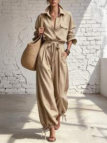 Breezaya Autumn Women's Clothing, Casual Suit, Business Suit, Khaki A-Line Shirt And Wide-Leg Ankle Trouser Set, Vacation, Fashion, Brunch OutfitSet - Khaki - View 5