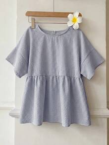 SHEIN EZwear 條紋短袖大尺碼女款襯衫 - 藏蓝色 - 查看 6