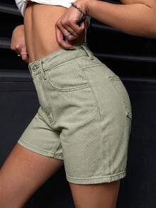 SHEIN PETITE 女士休闲日常口袋纽扣牛仔短裤 - 綠色 - 查看 7