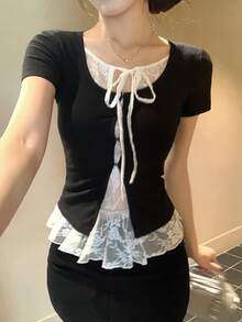 DAZY Women's Summer 2 In 1 Ruffle Bow Tie Short Sleeve T-Shirt - Black - View 6