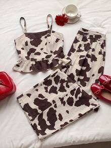 Muchica Women's Cow Print Ruffle Hem Camisole Top And Wide Leg Denim Pants Set Fall - Multicolor - View 9