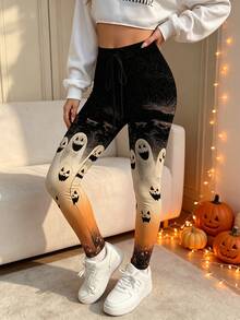 Aidyla Women's Halloween Ghost Print Lace-Up Slim Fit Leggings - Multicolor - View 3