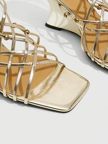 CUCCOO SZL Spring And Summer Rivet Braided Buckle Design Square Toe Slope Heel Light Luxury Gold Backspace High Heel Sandals Party Dinner Fall Shoes - Gold - View 5