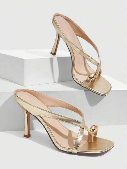 CUCCOO SZL Sandalias tipo mule con tacón dorado para mujer con adorno de metal y diseño de punta cuadrada