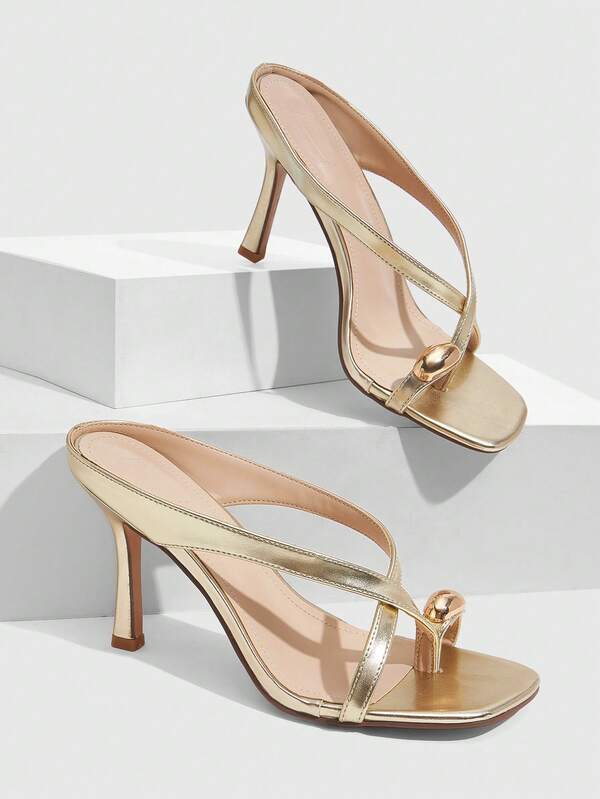 CUCCOO SZL Women's Golden Mule Heeled Sandals With Metal Adornment And Square Toe Design