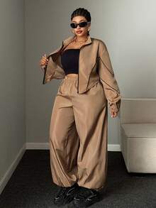 Mawevolt Plus Size Women's Colorblock Zipper Long Sleeve Jacket And Pants Casual Everyday 2 Pieces Set Fall - Khaki - View 4
