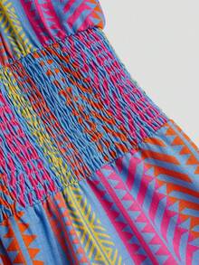 SHEIN Elenzya Gaun Midi Pantai Elegan Berlapis Model A-Line Bergaris Warna-warni untuk Liburan Musim Panas Wanita Ukuran Plus - MultiWarna - View 4