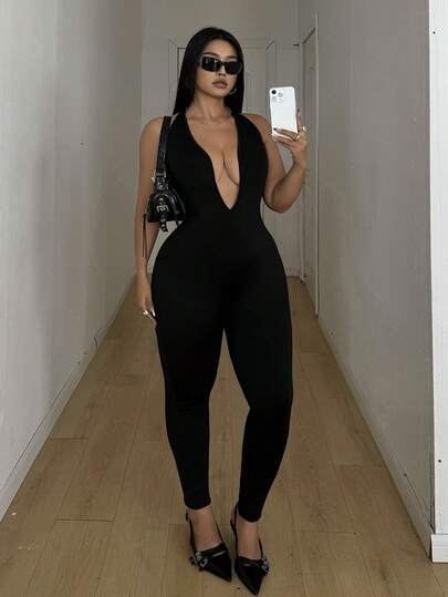 POPSWAY European & American Sexy Deep V-Neck Backless Halter Neck Fashion Versatile Tight-Fitting Slim-Fit Low-Cut Jumpsuit