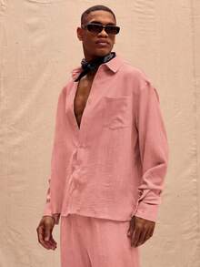 Musero Camisa de lino de manga larga y talla grande solo para primavera, verano, vacaciones y Pascua - Rosa vieja - Ver 2