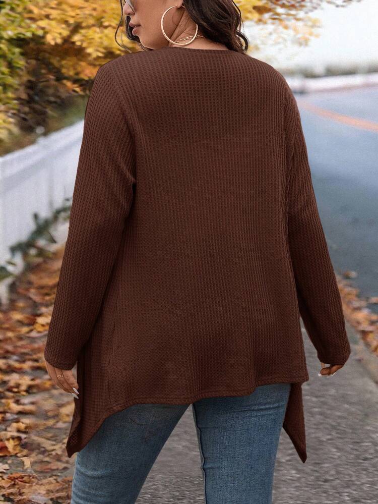 SHEIN LUNE Plus Size Winter Fashion Irregular Collar Design Long Knit Cardigan For Going Out And Work - Brown - View 3