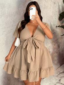 SHEIN CURVE+ Plus Size Women's Daily Boho Casual Formal, V-Neck Cinched Waist Ruffle Hem Cotton Fabric Slimming Dress, Carribean Vacation, Khaki Summer - Camel - View 5