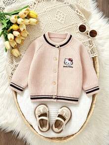 HELLO KITTY AND FRIENDS | SHEIN GraphicGems Baby Girls Cardigans Embroidered Top Design Black Apricot Knit Sweater Baby Clothes Comfortable Soft Sporty All-Match Versatile Sweet Cute Casual Minimalist Daily Suitable For Autumn Winter Travel Outing Party Outdoor Play Picnic School - Apricot - View 1