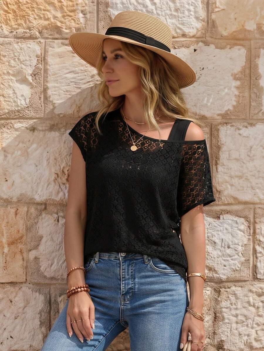 EMERY ROSE Women Lace Splicing Top With 2 In 1 Design - Black - View 1