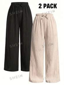 SHEIN Sparklyn 少女休闲纯色宽松裤 - 黑與白 - 查看 6