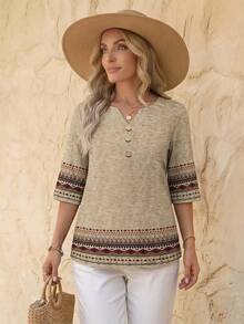 EMERY ROSE Casual Minimalist Geometric Retro Printed 3/4 Sleeve Blouse For Women, Suitable For Spring/Summer - Multicolor - View 4