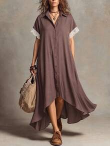 LUMIGAL Women Brown And White Lace Stitching Batwing Sleeve Shirt Dress, Vacation, Commuting, Casual Boho Vacation Summer - Brown - View 1