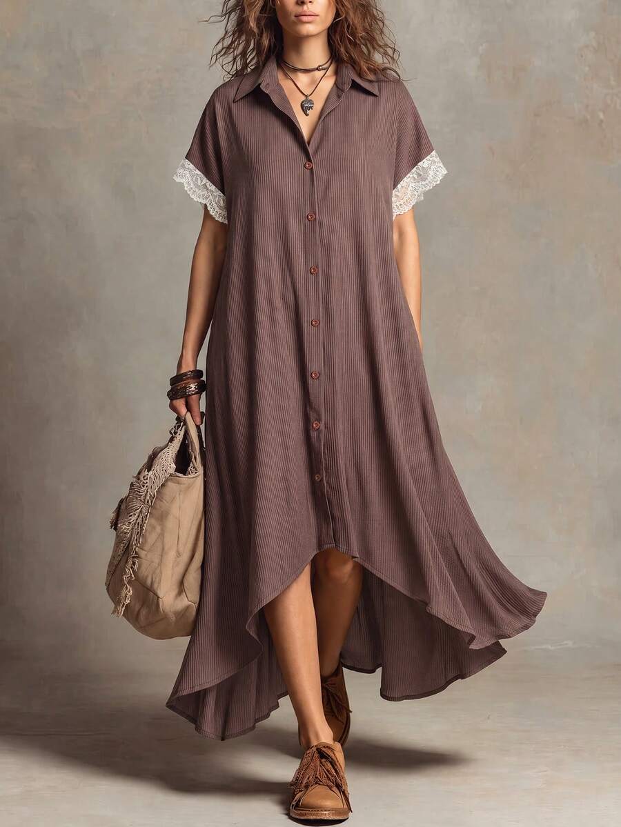 LUMIGAL Women Brown And White Lace Stitching Batwing Sleeve Shirt Dress, Vacation, Commuting, Casual Boho Vacation Summer - Brown - View 1