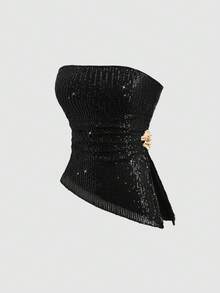 Sweetra Women's New Season Vintage Hot Girl Slim Fit Flattering High-End Asymmetrical Sequin Ruched Bandeau Top - Black - View 1