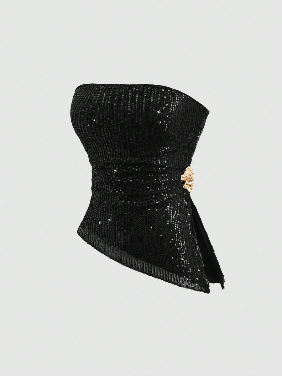 Sweetra Women's New Season Vintage Hot Girl Slim Fit Flattering High-End Asymmetrical Sequin Ruched Bandeau Top - Black - View 1