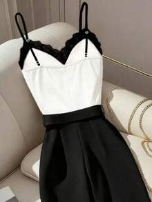 GlowEve Women's Colorblock Lace Elegant Cami Wide Leg Jumpsuit - Black and White - View 5