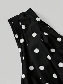 SHEIN MOD 女款法式波點印花單肩百褶時尚洋裝 - 黑色 - 查看 6