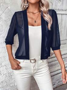 EMERY ROSE Chaqueta de malla de unicolor simple y transparente para mujer en otoño/invierno - Azul Marino - Ver 7