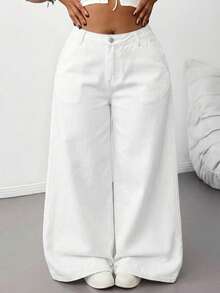 SHEIN Tall CURVE Plus Size Women Loose Fit Pockets Wide Leg Casual Jeans - White - View 5