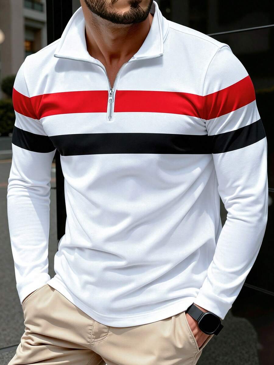 Manfinity Homme Men's Zipper Half-Placket Striped Patchwork Long Sleeve Polo Shirt - Multicolor - View 1