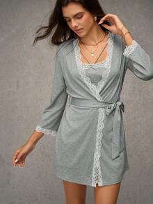 Esseday Lace Trim Decor Robe & Sleep Slip Dress Pajama Set, Sweet Y2K Style Women Sleepwear Set Holiday Season, Fall Winter Clothes - Grey - View 2