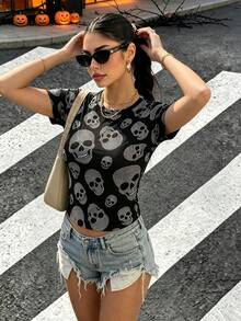 Aidyla Women's Dark Style Full Print Faux Rhinestone Skull Pattern Black And White Fashion Crew Neck Short Sleeve Slim Fit Cropped T-Shirt Halloween Sexy - Multicolor - View 5