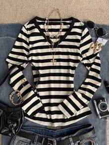 Attitoon Women's Casual Striped Long Sleeve T-Shirt, Spring/Autumn - Black - View 1