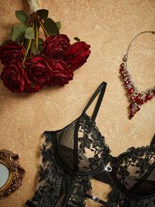 PinupPomp 1pc Women's Sexy Lingerie Floral Embroidery Mesh Jumpsuit - Black - View 3